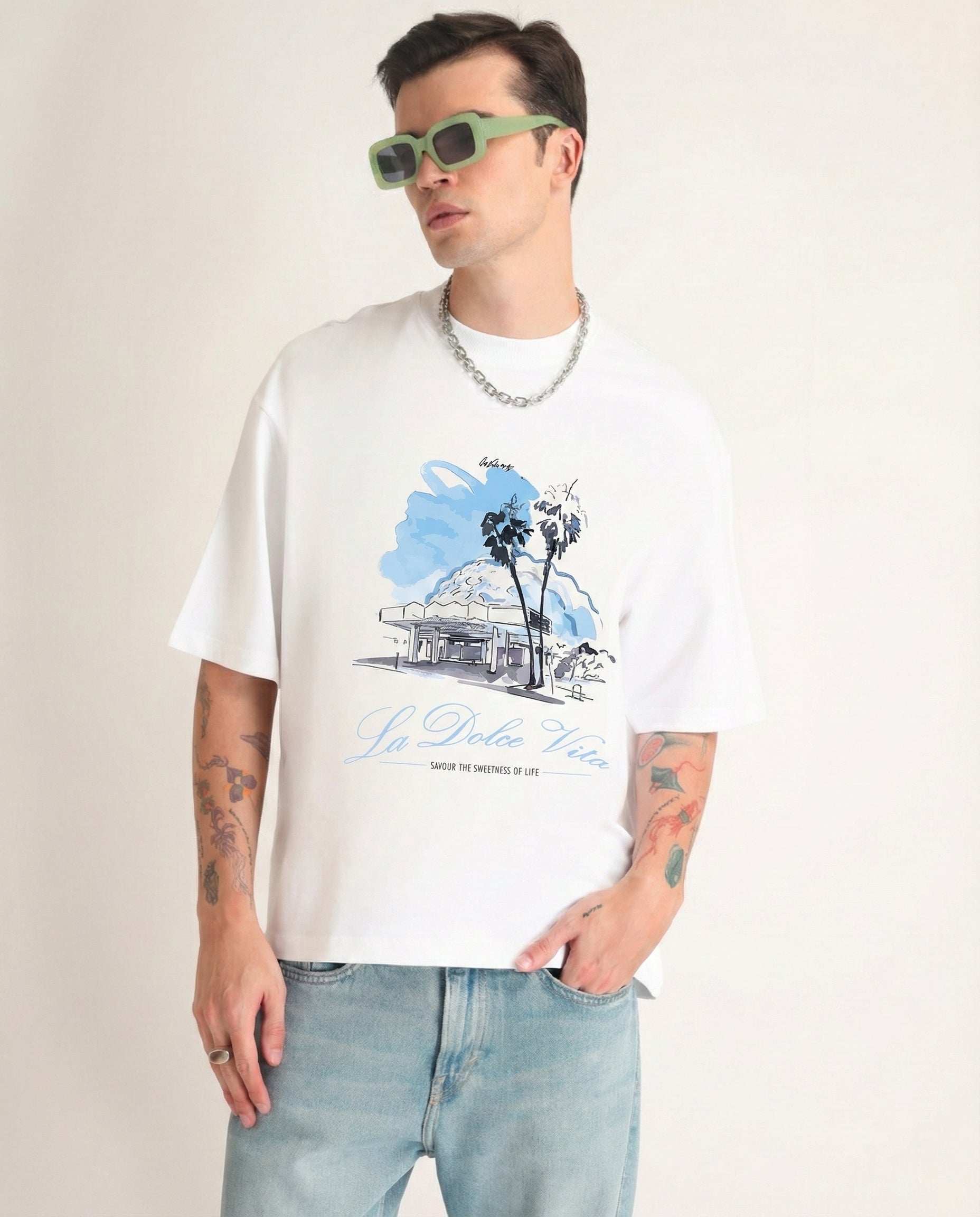 Premium White La Dolce Vita Oversized T-shirt