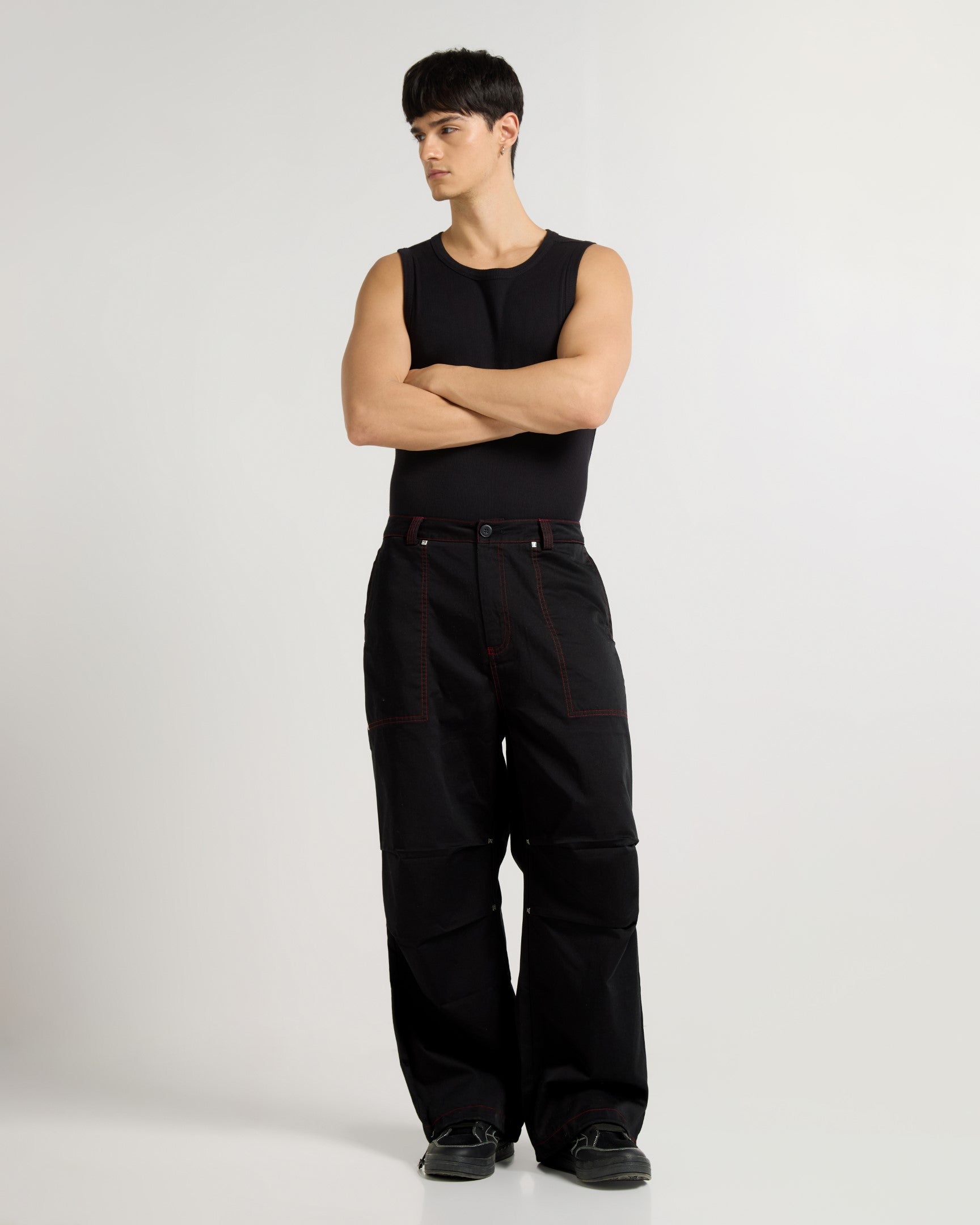Wide Leg Cargo Pants With Contrast Stiching
