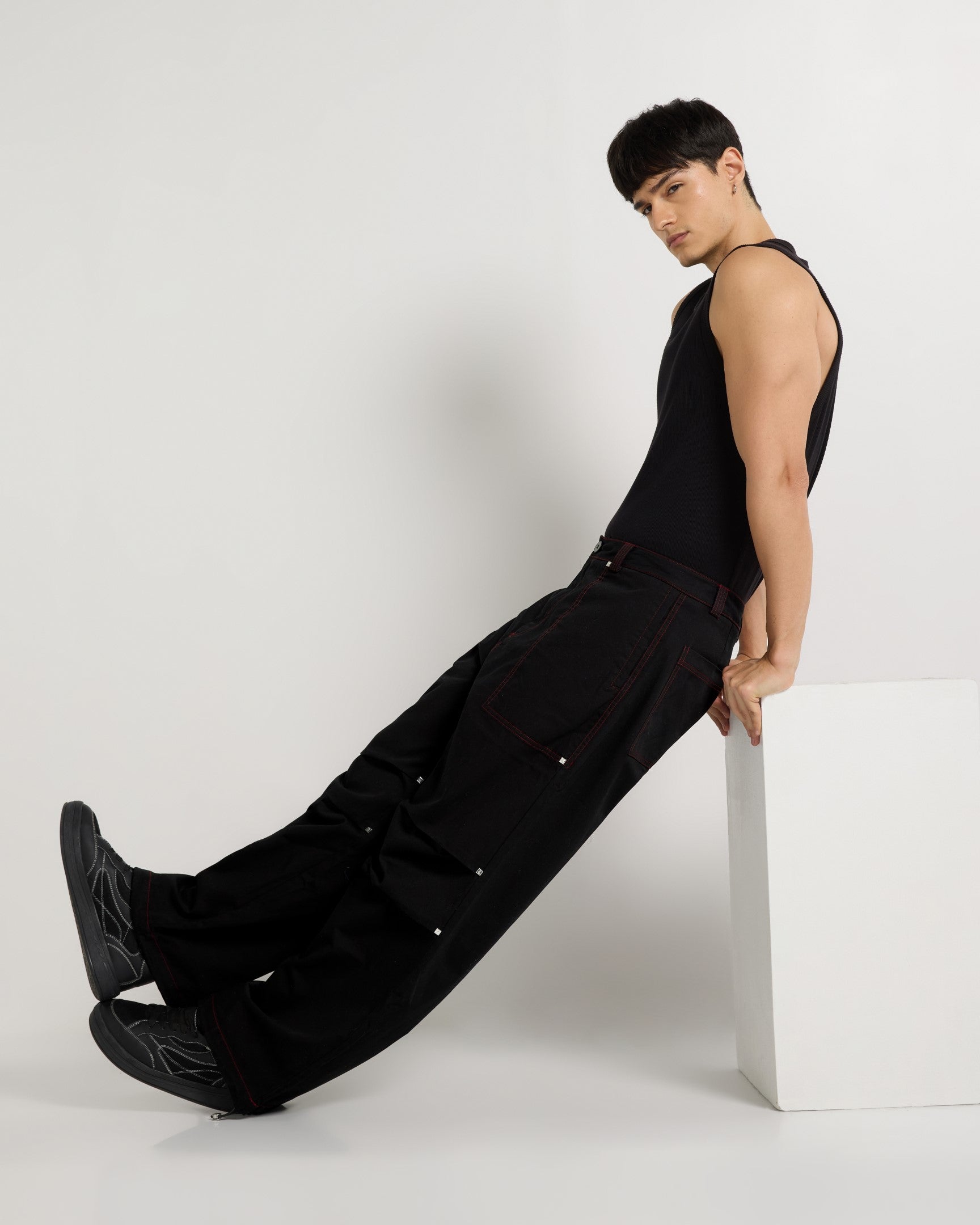 Wide Leg Cargo Pants With Contrast Stiching