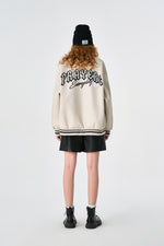 Cream Retro Rewind Leather Varsity Jacket Model view | Weezy