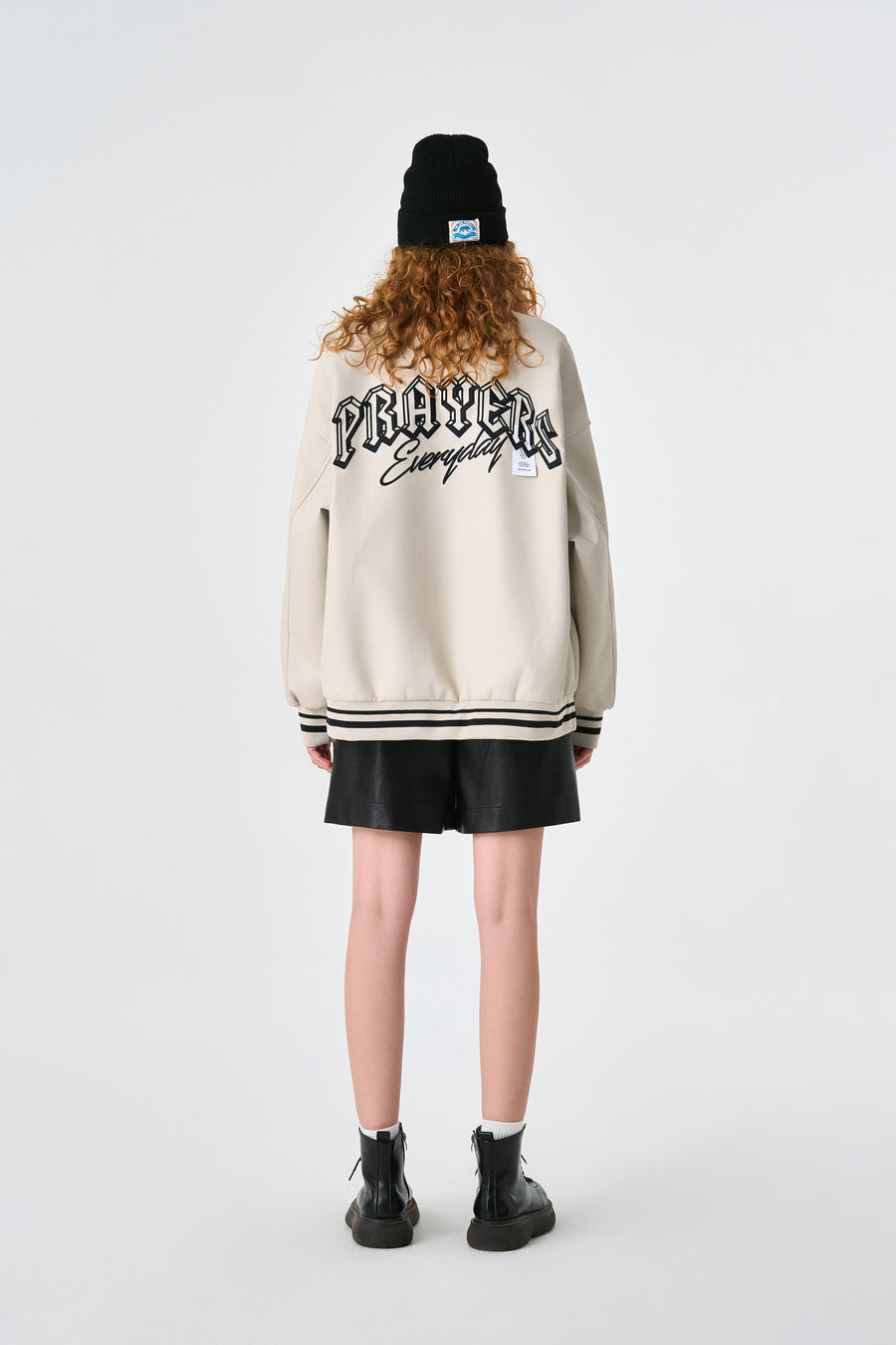 Cream Retro Rewind Leather Varsity Jacket Model view | Weezy