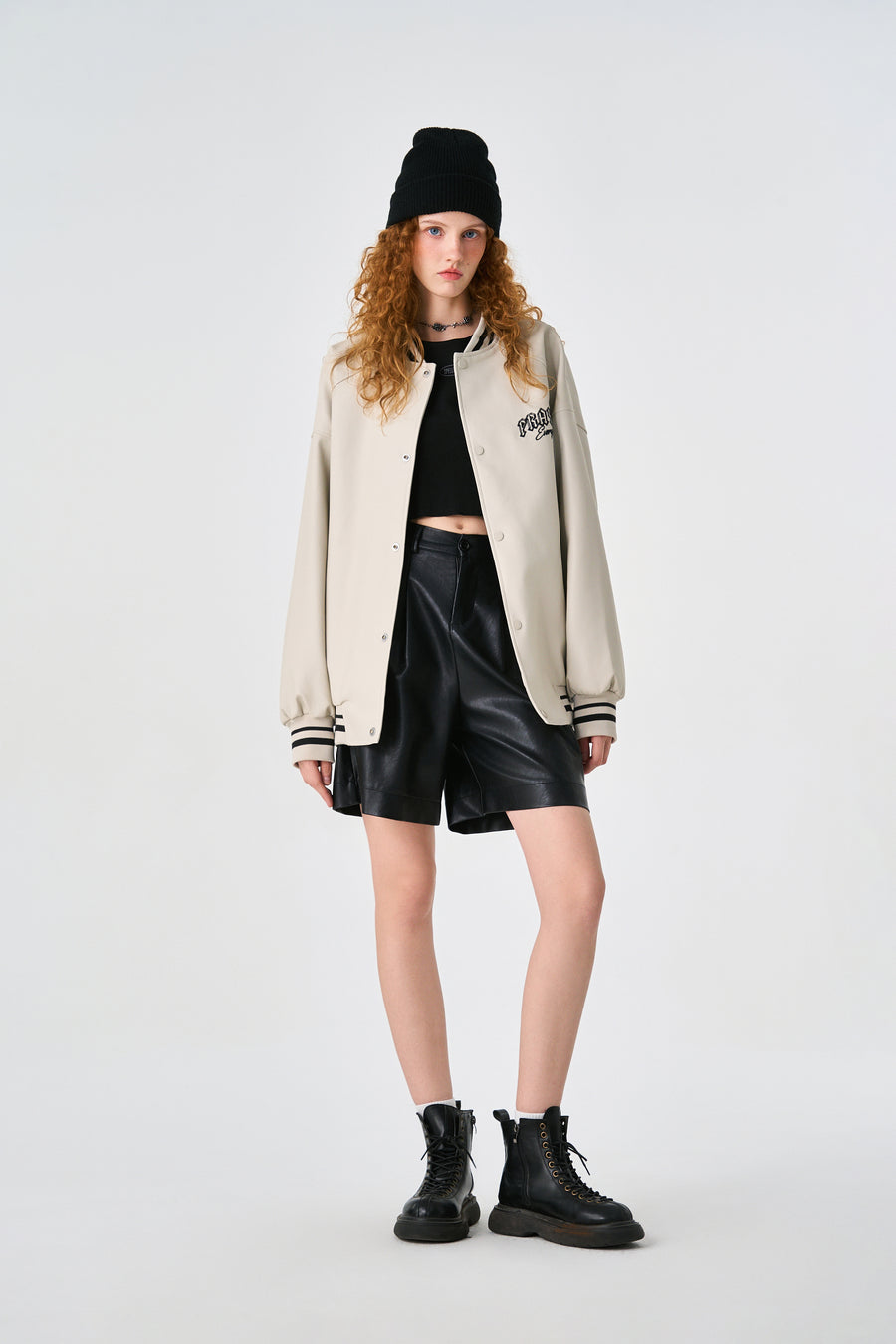 Cream Retro Rewind Leather Varsity Jacket Lifestyle view | Weezy