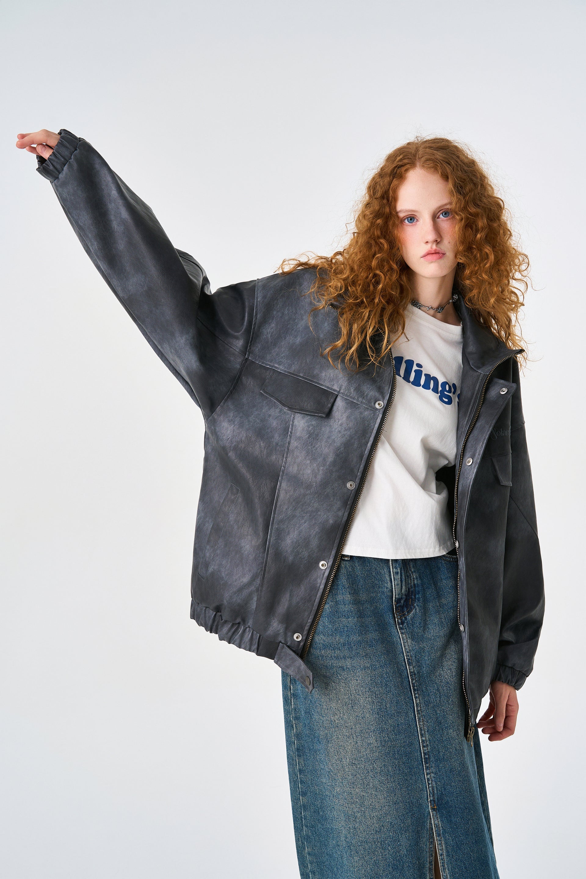 Acid Grey Oversized Bomber Leather Jacket