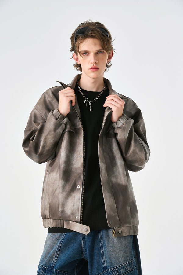 Camo Brown Oversized Bomber Leather Jacket Front view | Weezy