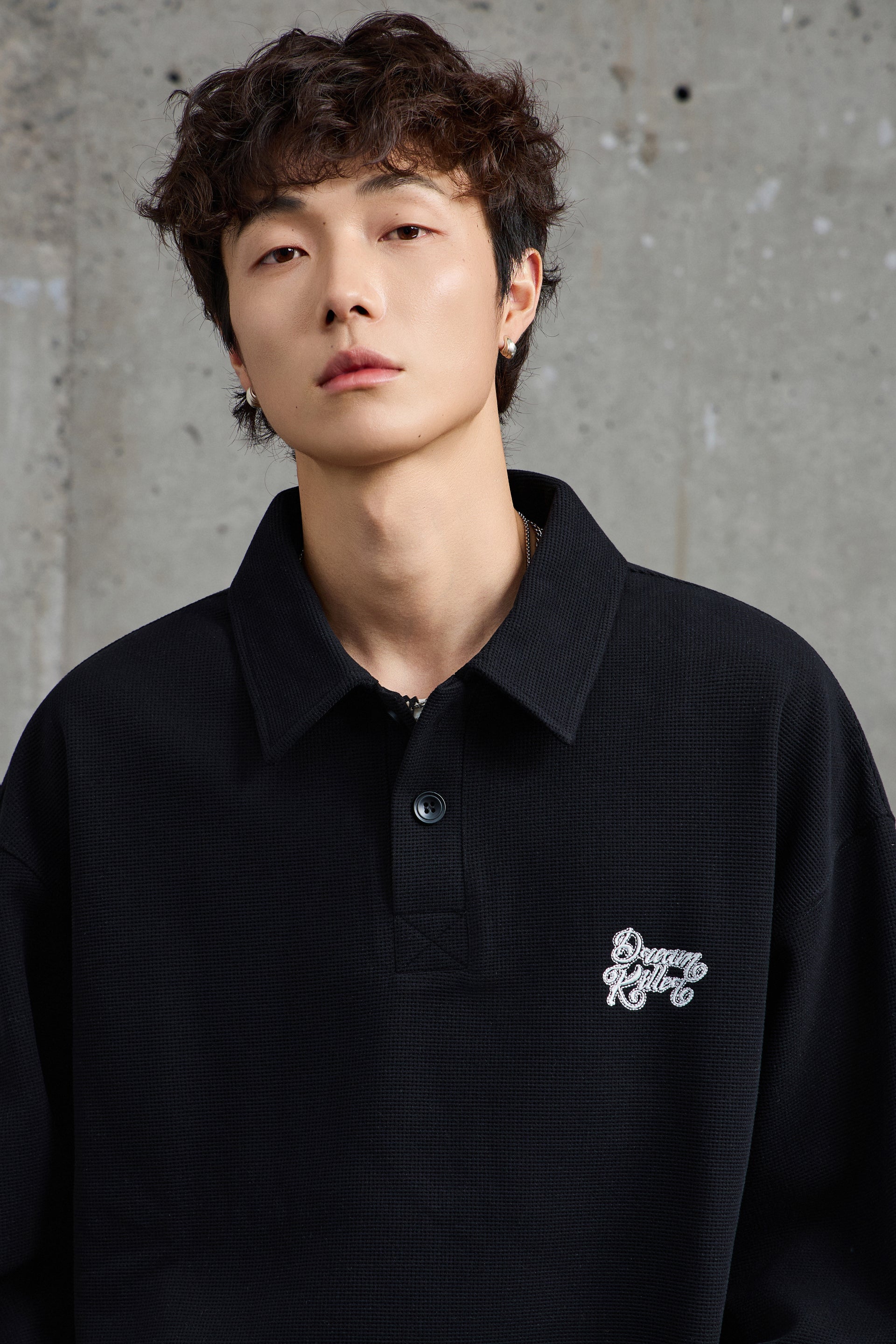 Jet Black Waffle Knit Collared Sweatshirt