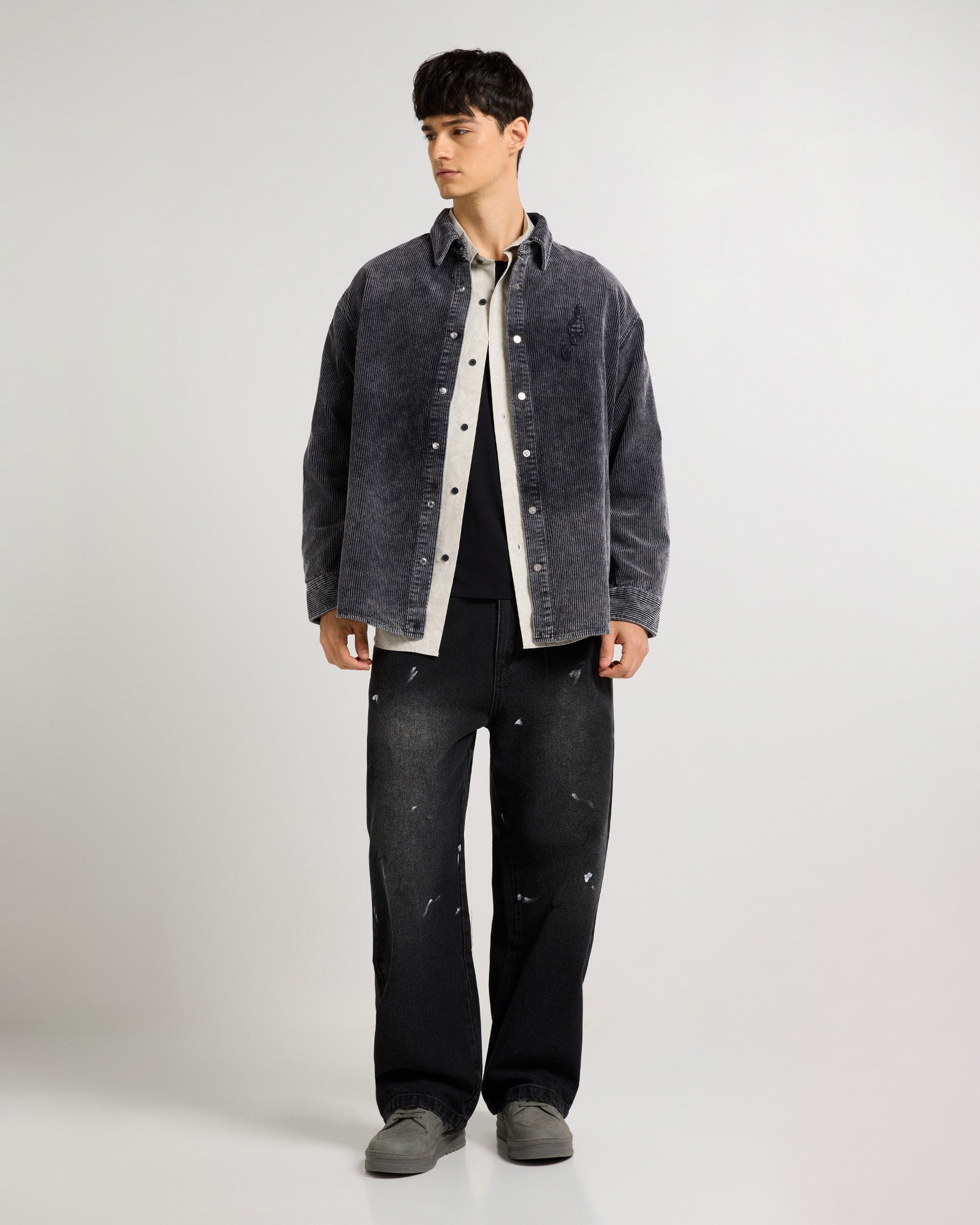 Relaxed Fit Charcoal Emroidered Curdroy Shacket