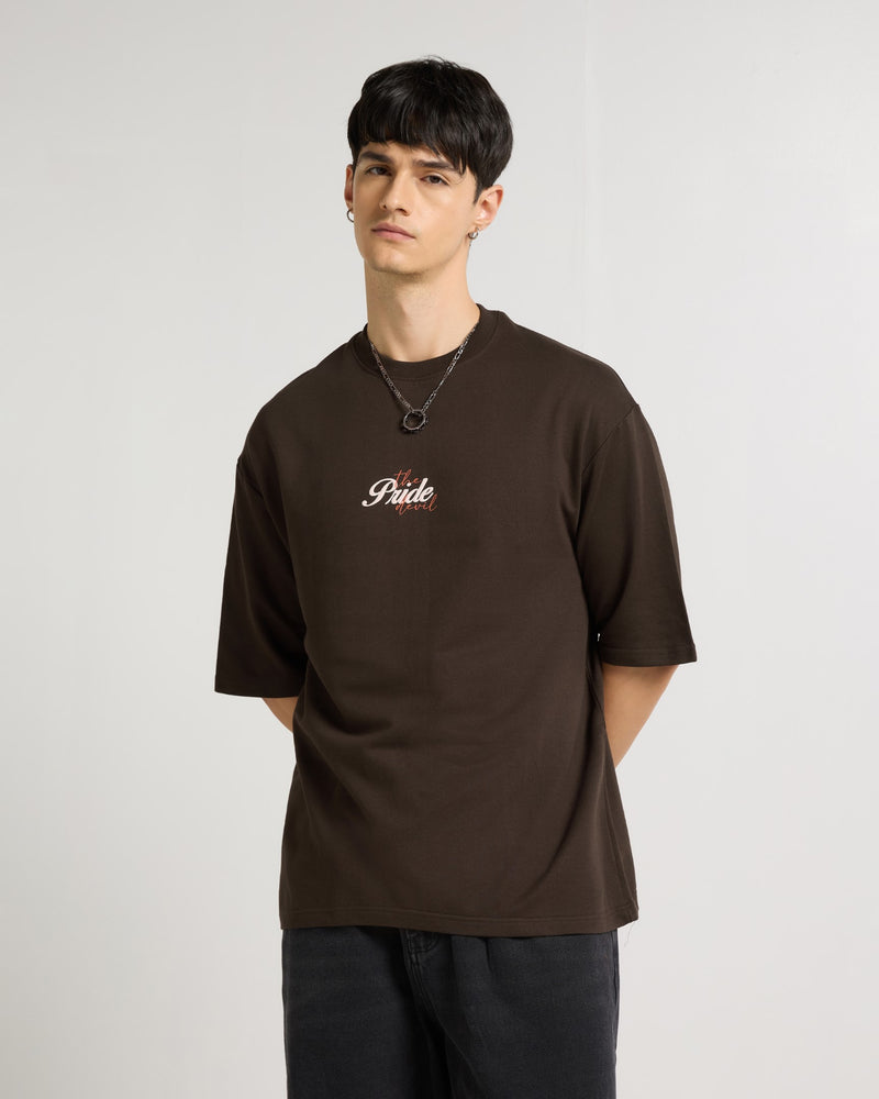 Premium Chocolate Brown Pride Devil  Oversized T-shirt Side view | Weezy
