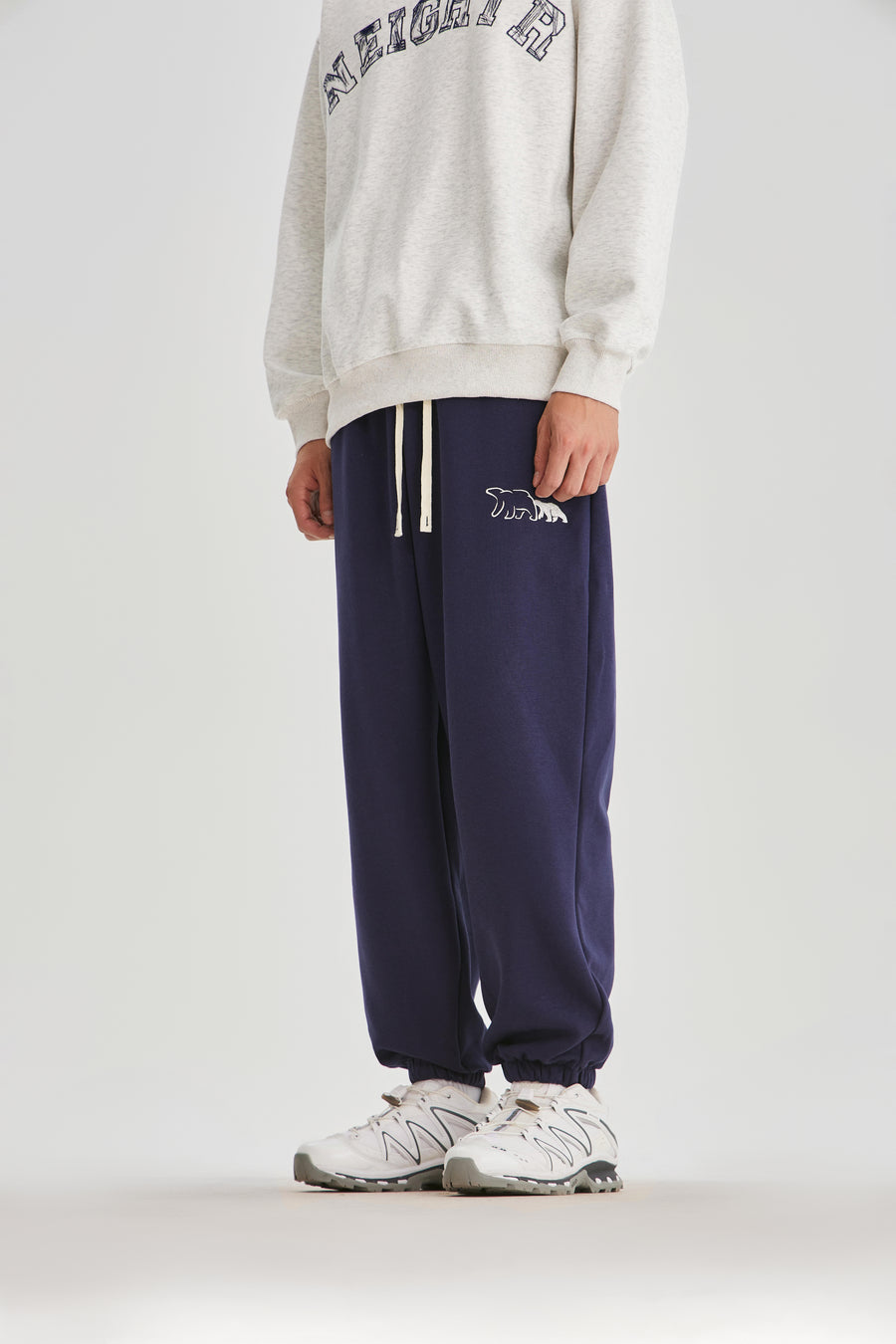 Navy Blue Embroidered Sweatpants Side view | Weezy