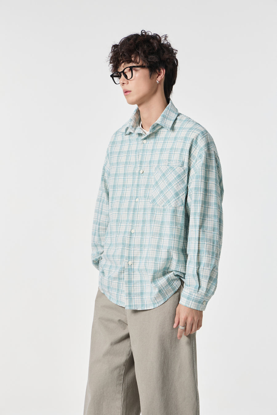 Sky Grid Button-Up Overshirt Detail view | Weezy