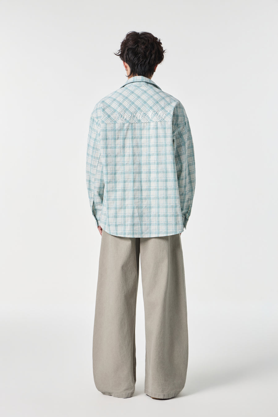Sky Grid Button-Up Overshirt Model view | Weezy