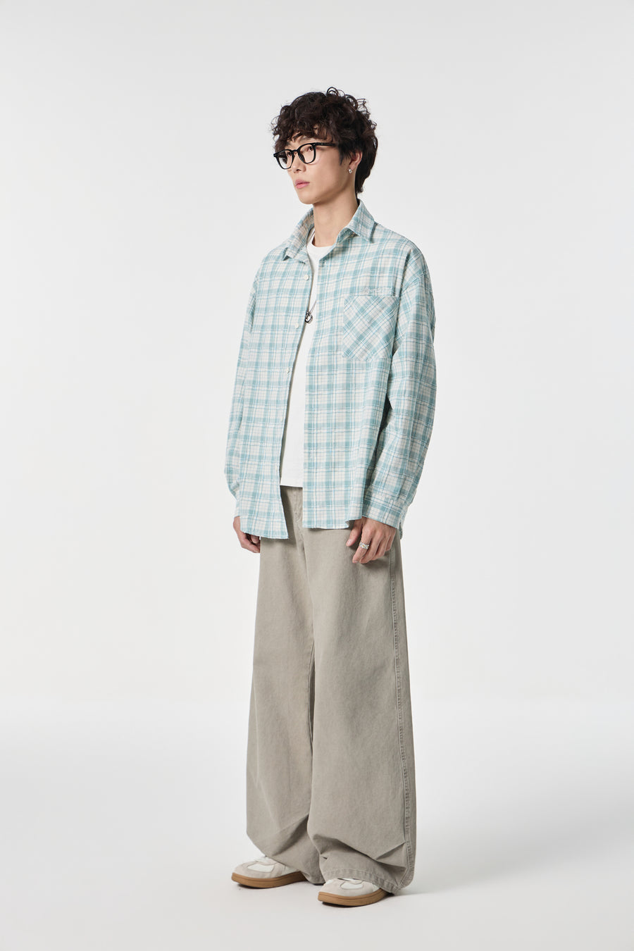 Sky Grid Button-Up Overshirt Flat lay | Weezy