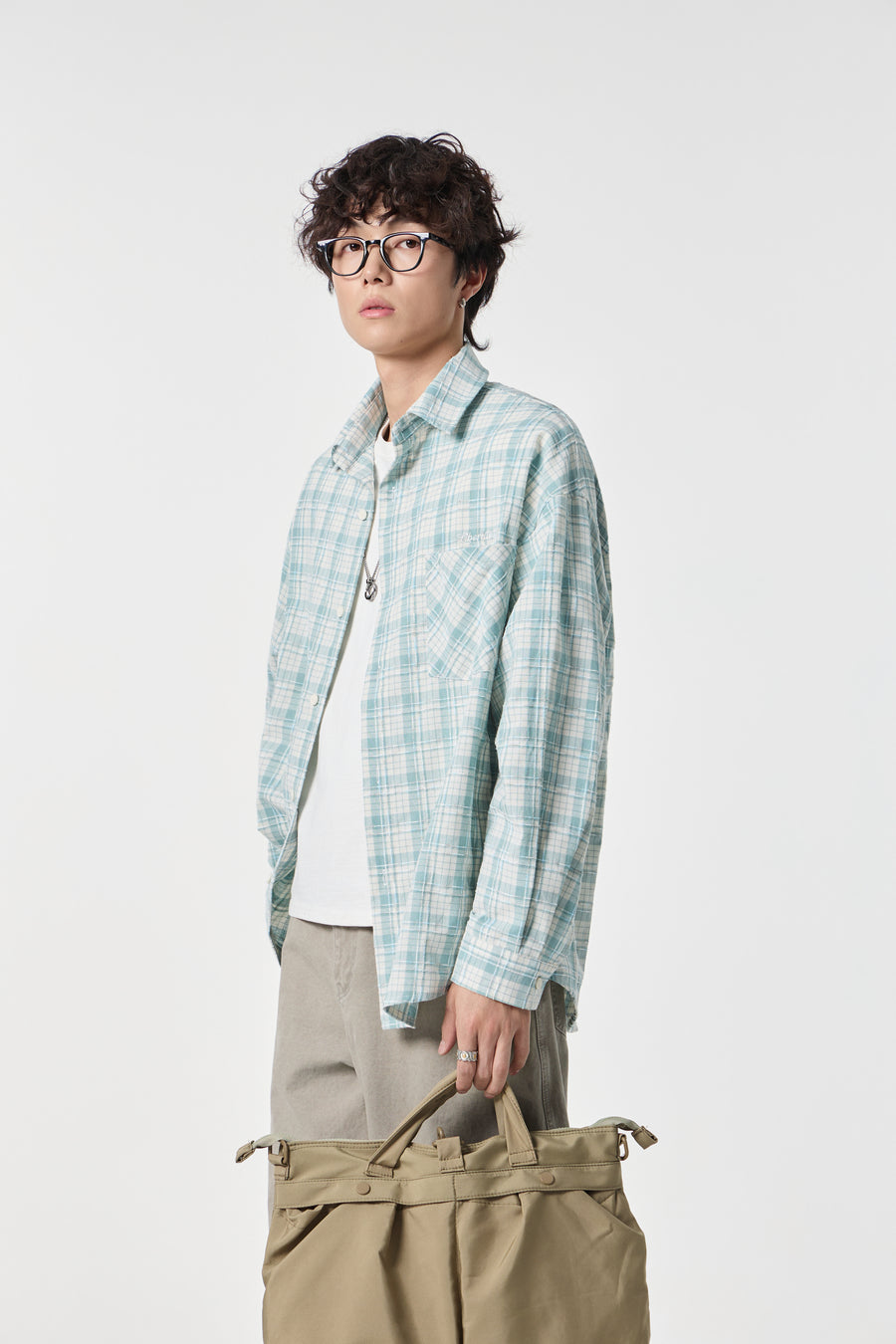 Sky Grid Button-Up Overshirt Side view | Weezy