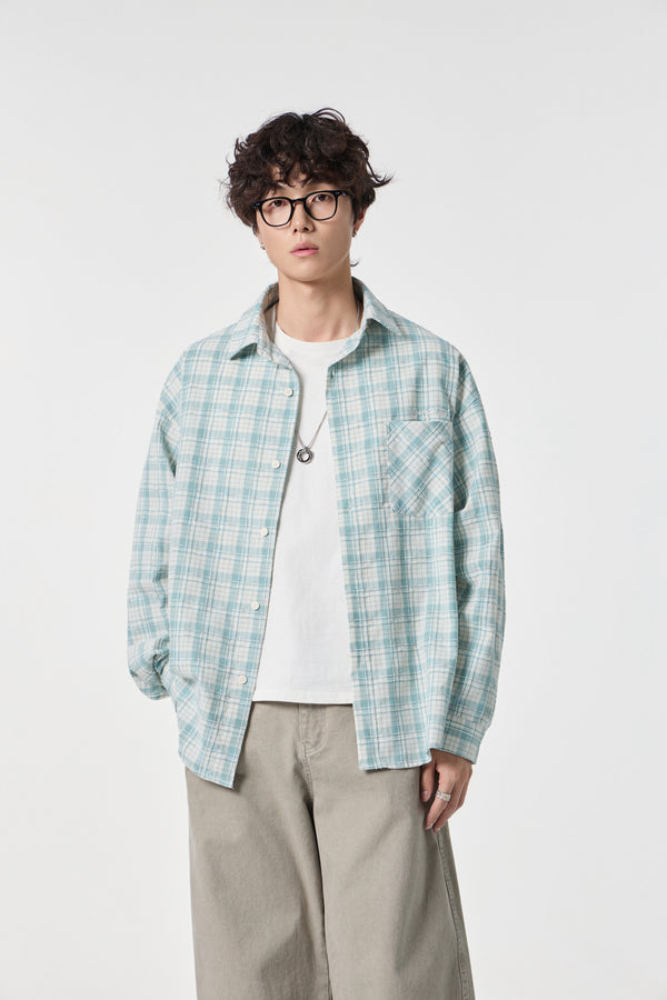 Sky Grid Button-Up Overshirt Front view | Weezy