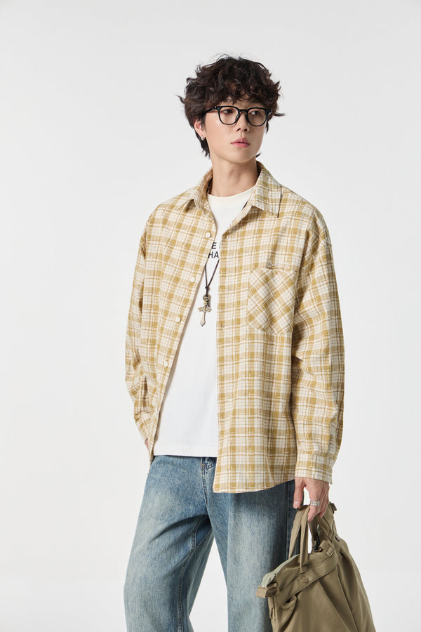 Yellow Grid Button-Up Overshirt Front view | Weezy