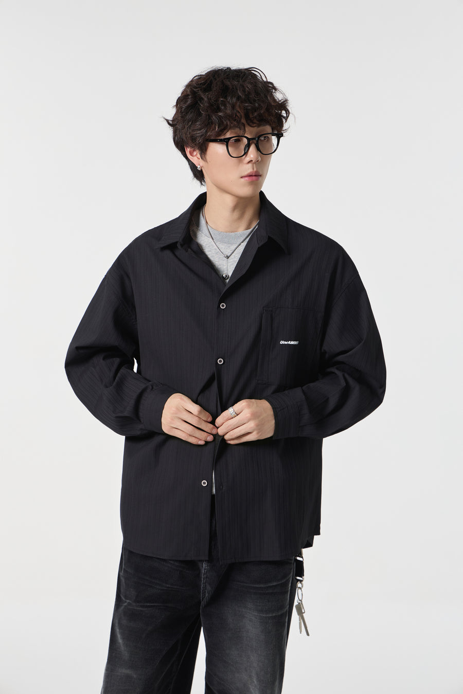 Noir Pinstripe Overshirt Model view | Weezy