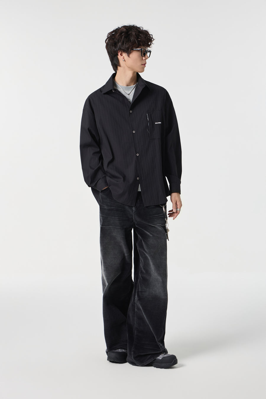 Noir Pinstripe Overshirt Side view | Weezy