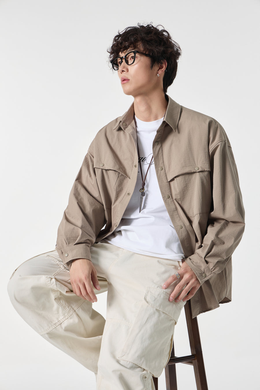 Beige Clean Field Overshirt Model view | Weezy