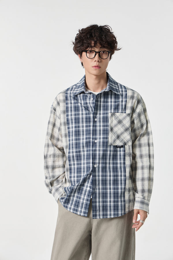 Indigo Chequered Pocketed Overshirt Front view | Weezy