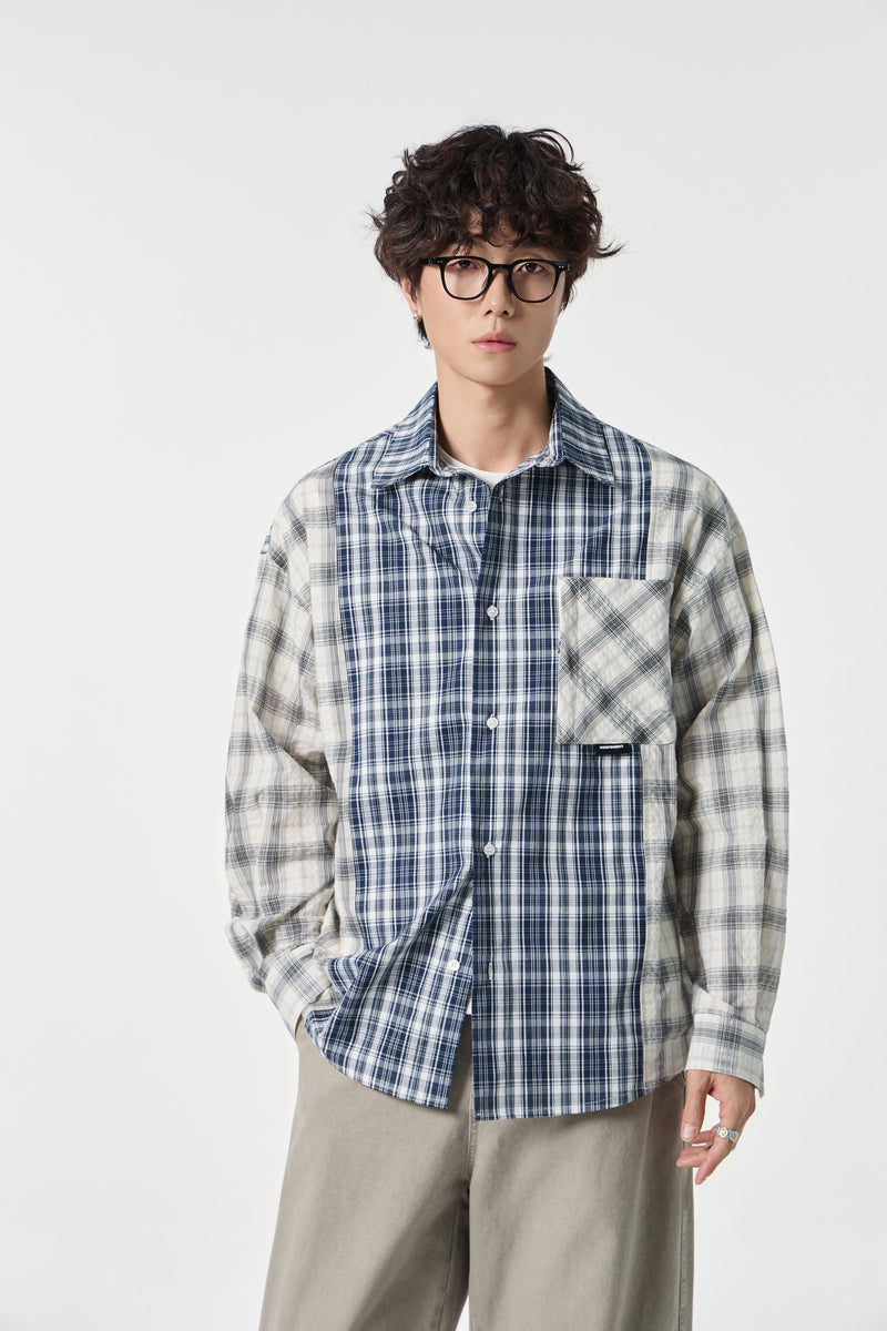 Indigo Chequered Pocketed Overshirt Front view | Weezy