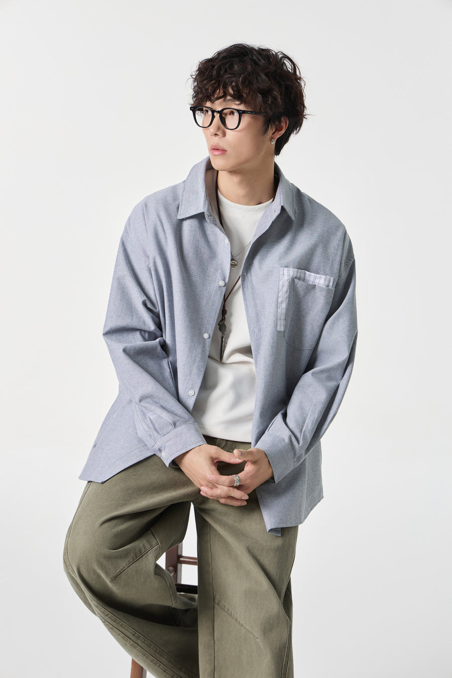 Grey Contrast Pocket Oxford Shirt Side view | Weezy