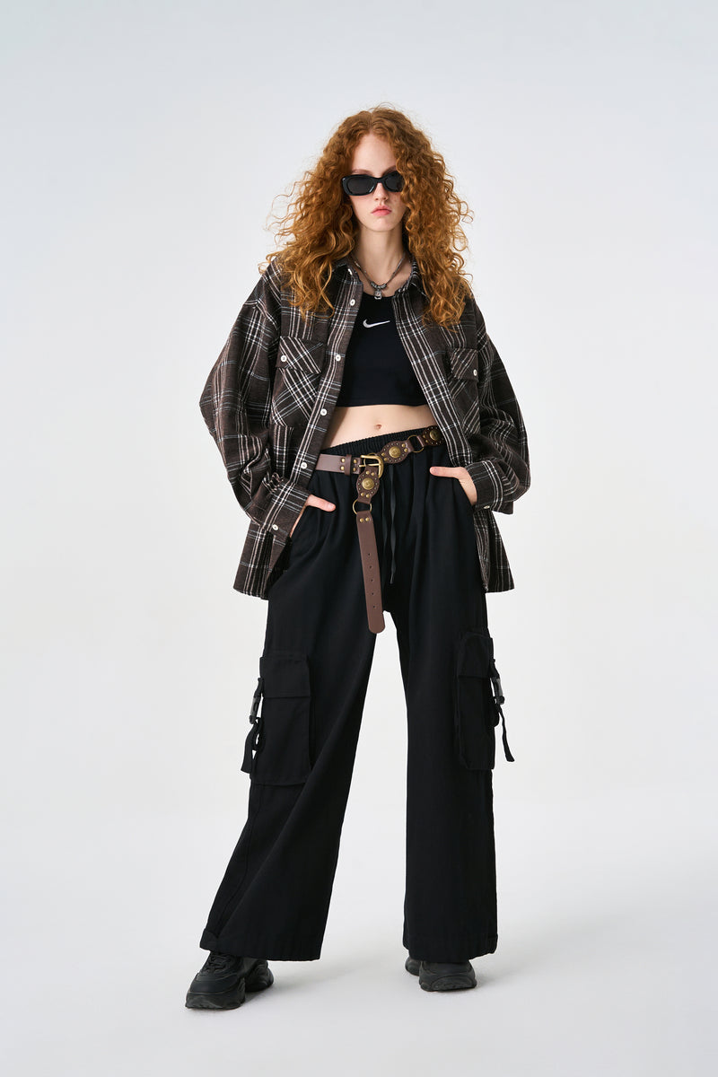 Brown Chequered Plaid Utility Shacket Side view | Weezy