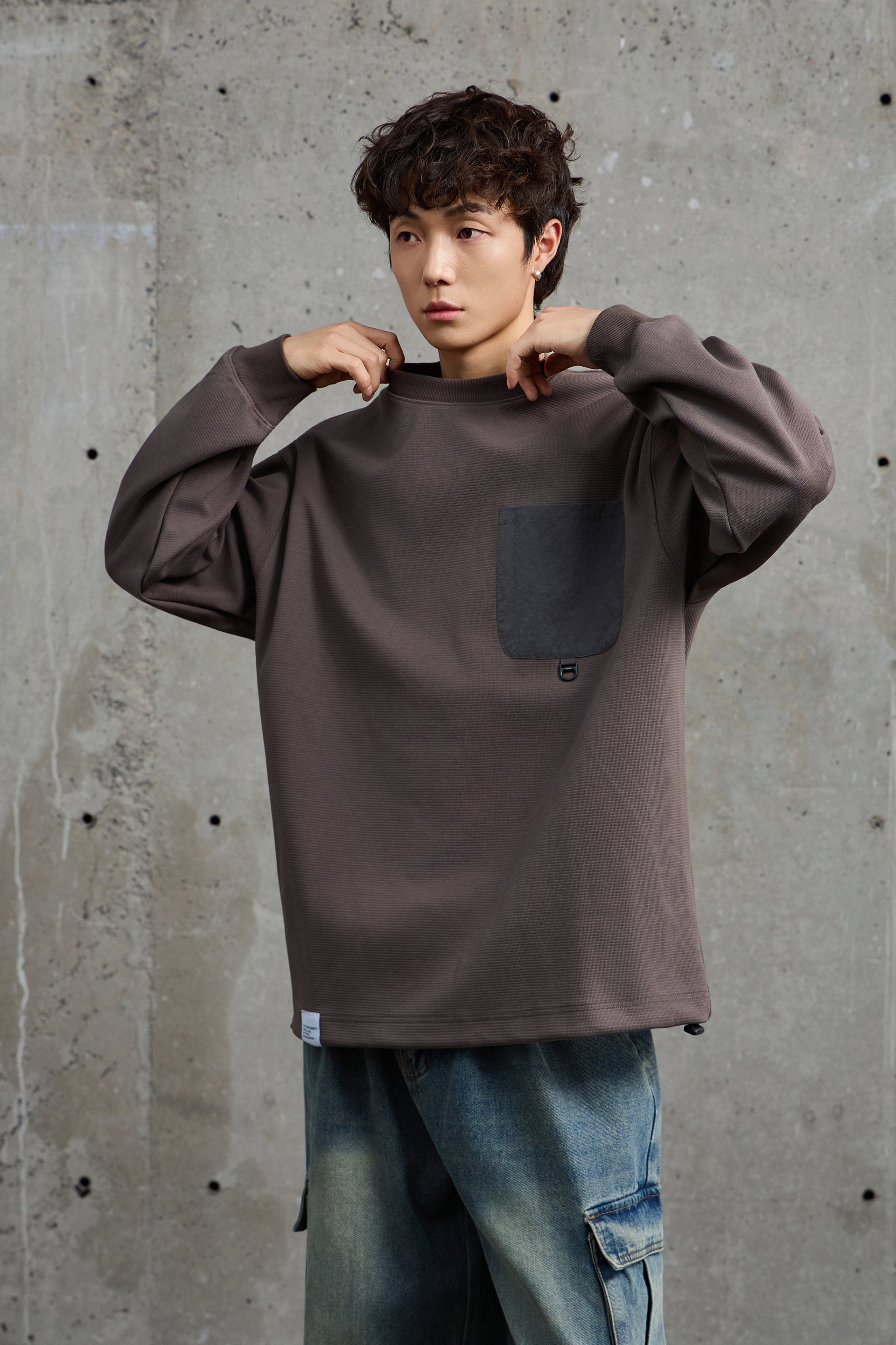 Grey Crewneck Sweatshirt With Pocket Detail