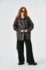 Brown Chequered Plaid Utility Shacket Lifestyle view | Weezy
