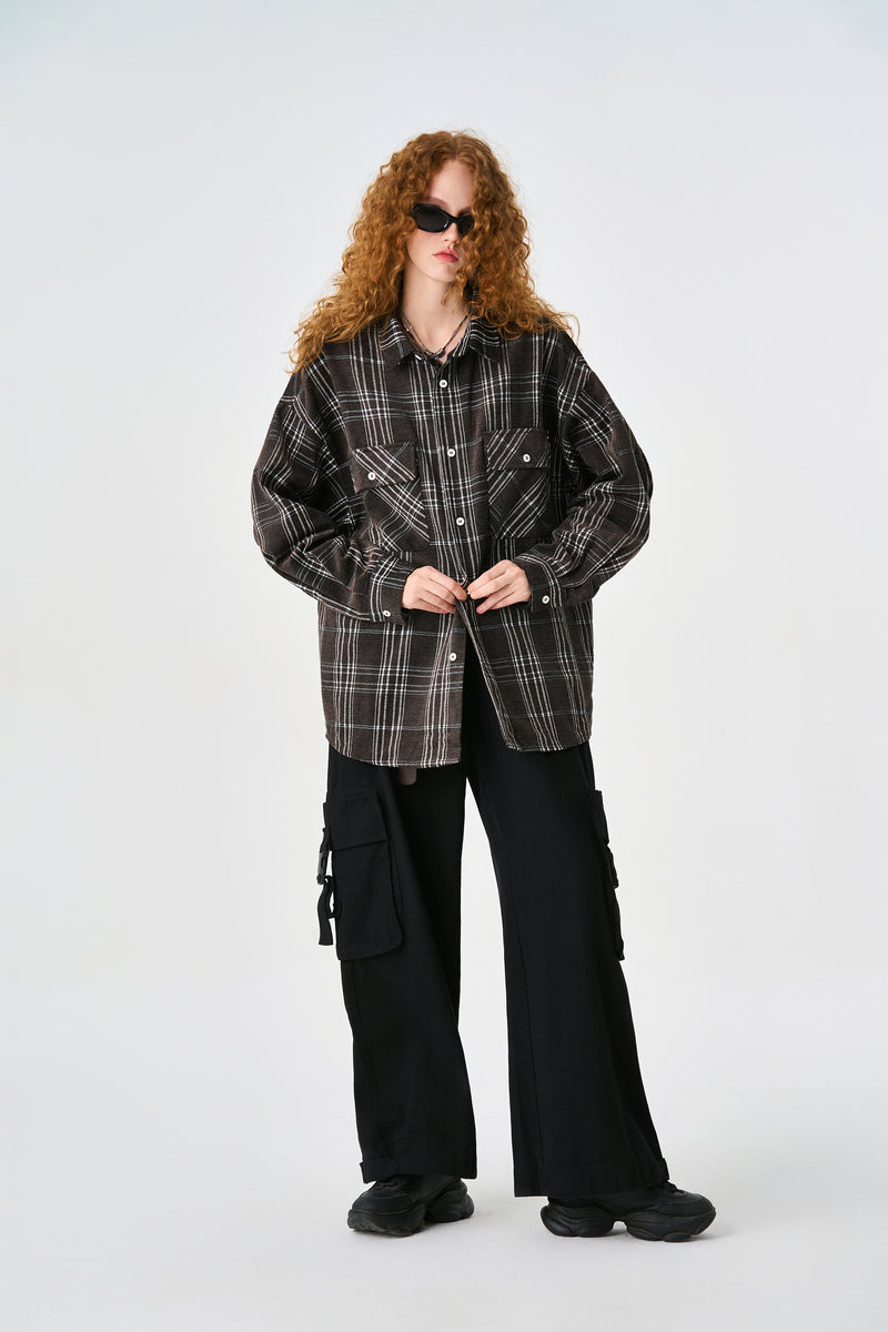 Brown Chequered Plaid Utility Shacket Lifestyle view | Weezy