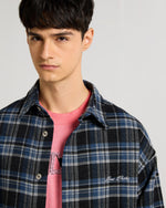 Embroidered Midnight Blue Checkered Overshirt Model view | Weezy