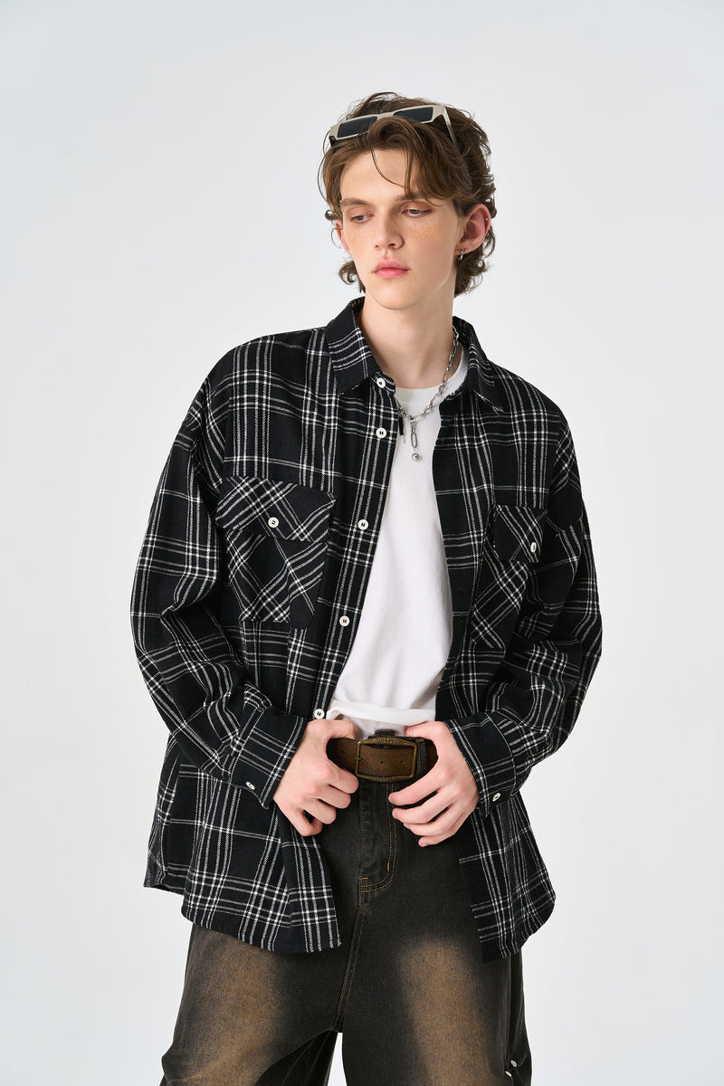 Black Chequered Plaid Utility Shacket Lifestyle view | Weezy