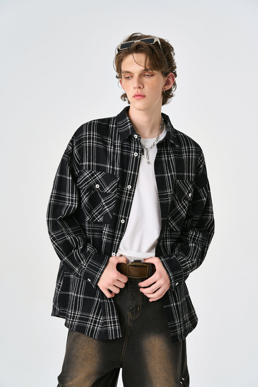 Black Chequered Plaid Utility Shacket Lifestyle view | Weezy