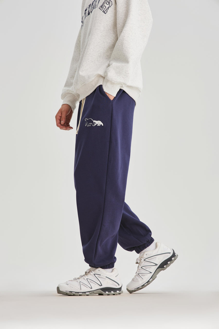 Navy Blue Embroidered Sweatpants Model view | Weezy