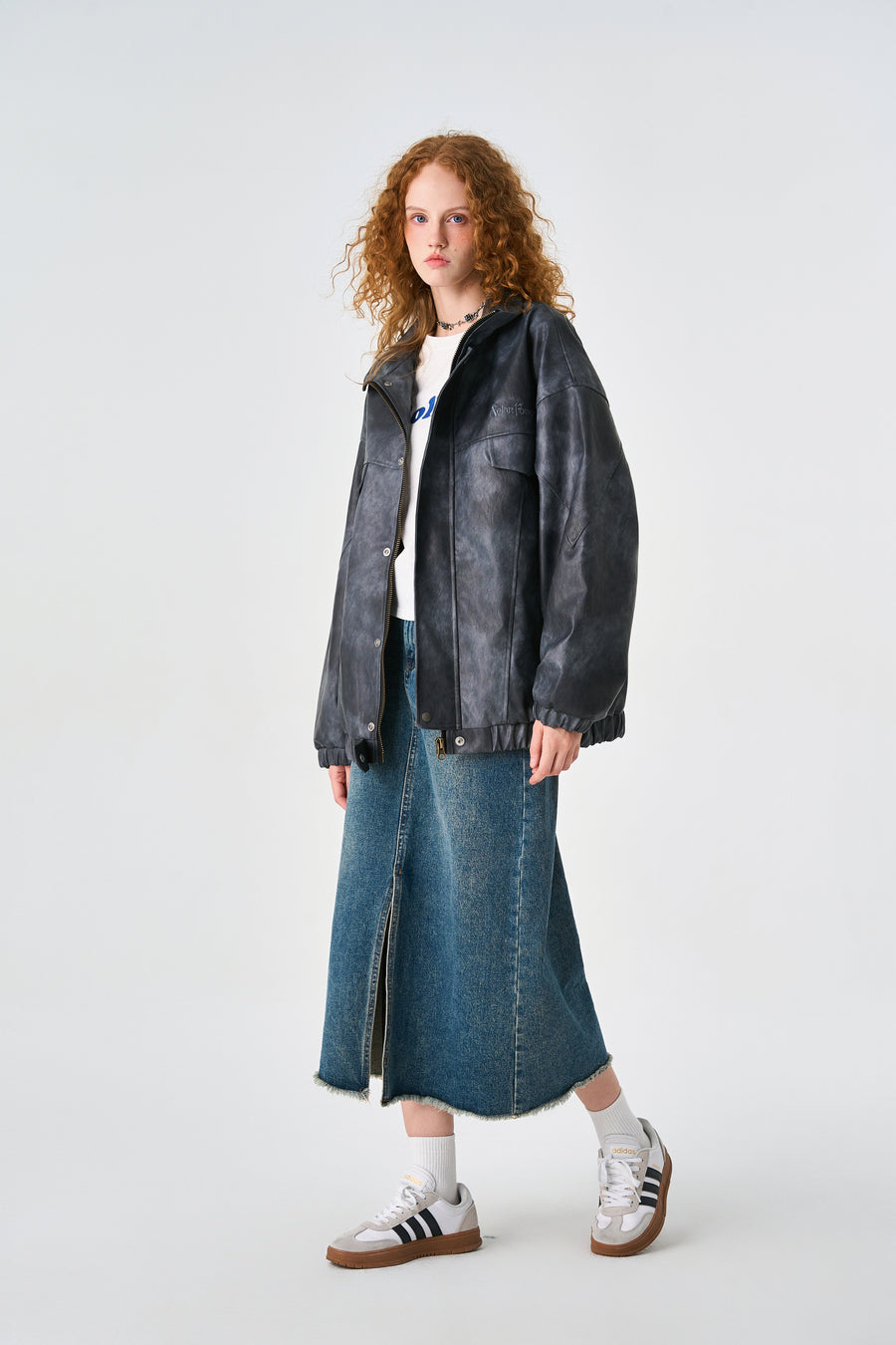 Acid Grey Oversized Bomber Leather Jacket Detail view | Weezy