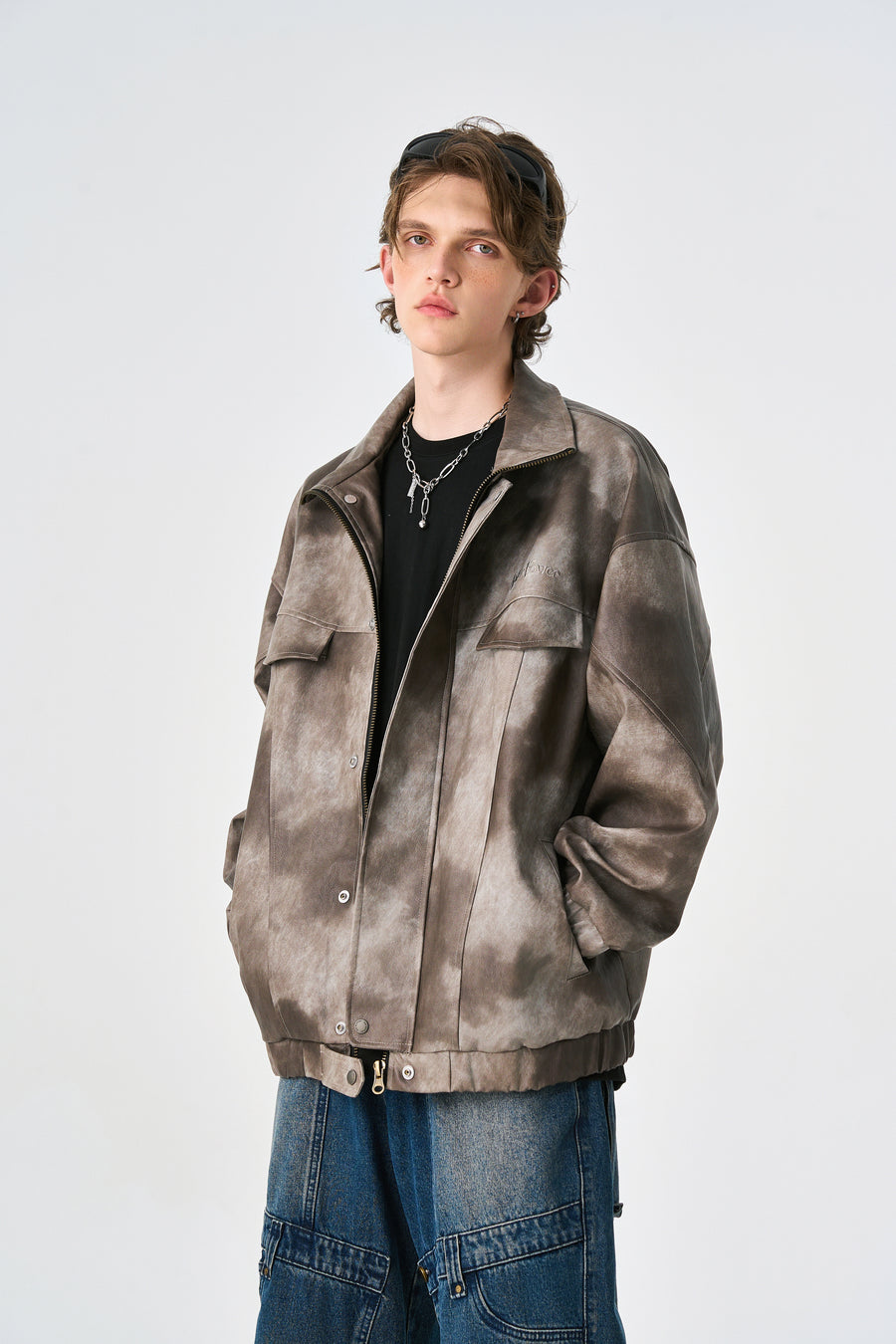 Camo Brown Oversized Bomber Leather Jacket Detail view | Weezy