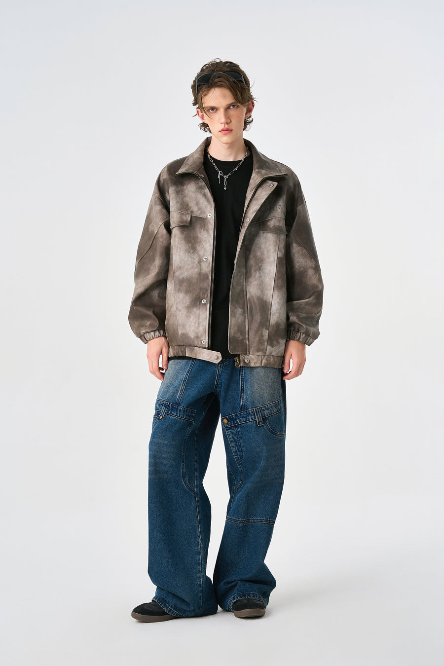 Camo Brown Oversized Bomber Leather Jacket Model view | Weezy