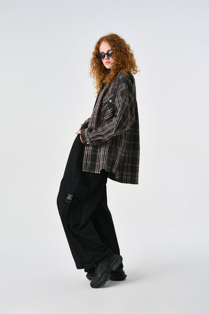 Brown Chequered Plaid Utility Shacket Detail view | Weezy
