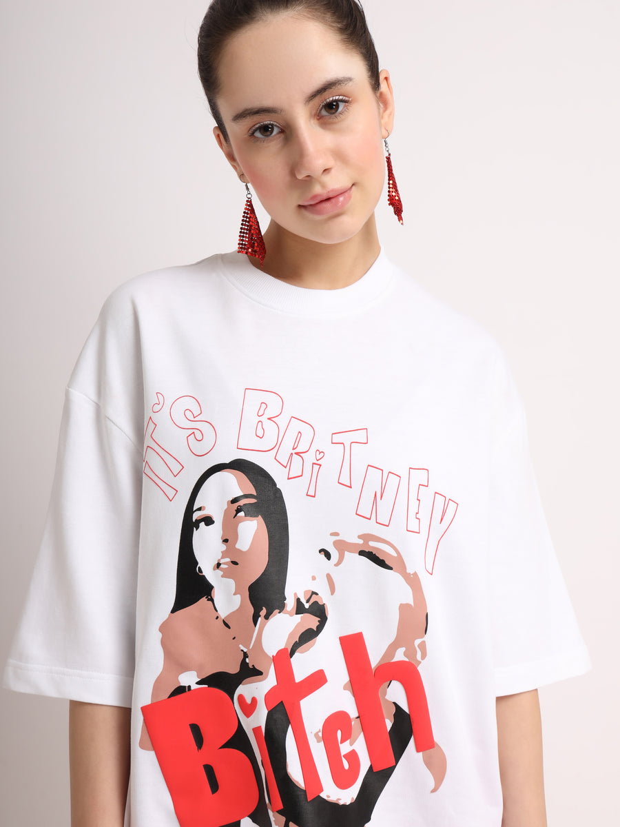 White Britney Bitch Oversized T-Shirt Front view | Weezy
