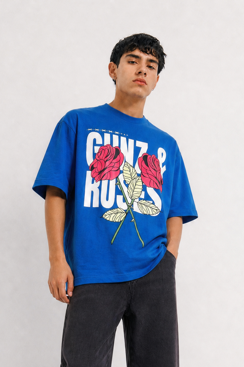 Man in royal blue Gunz and Roses graphic tee — shop Weezy oversized t-shirts for men