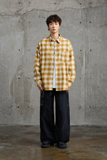 Mustard White Plaid Flannel Overshirt Lifestyle view | Weezy