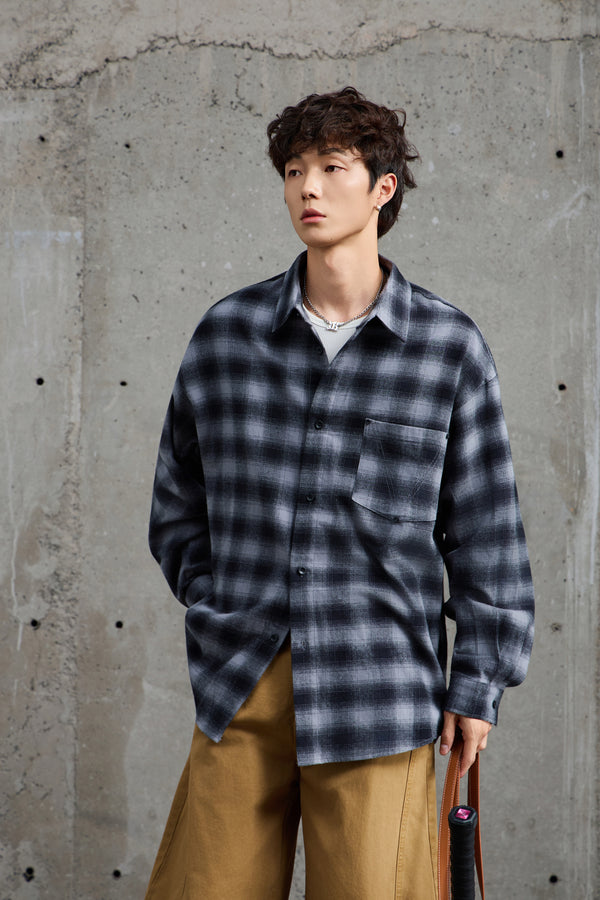 Black Grey Gradient Plaid Flannel Overshirt Front view | Weezy