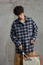 Black Grey Gradient Plaid Flannel Overshirt Back view | Weezy
