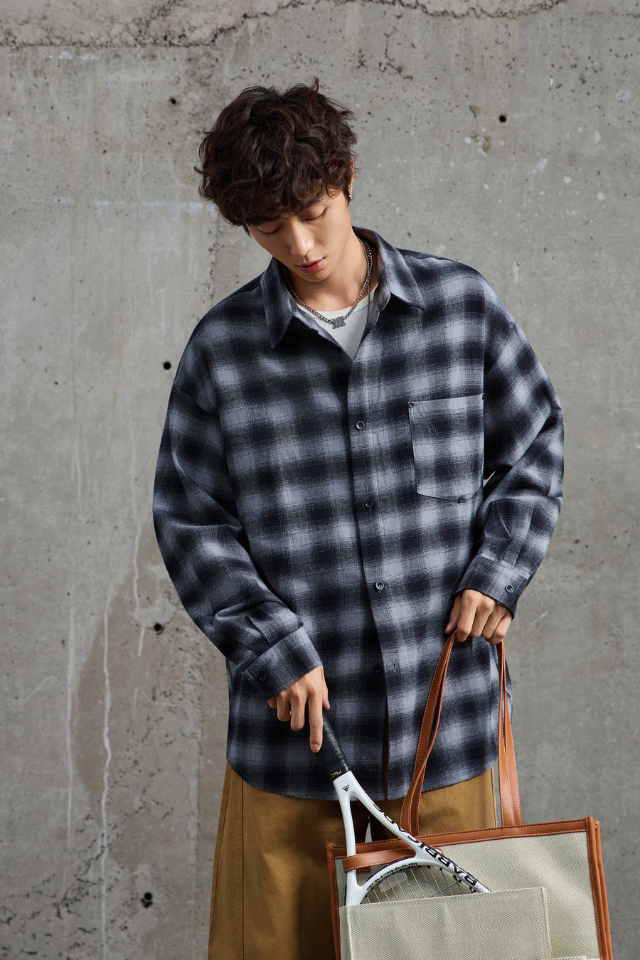 Black Grey Gradient Plaid Flannel Overshirt Back view | Weezy