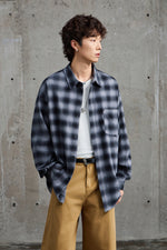 Black Grey Gradient Plaid Flannel Overshirt Side view | Weezy
