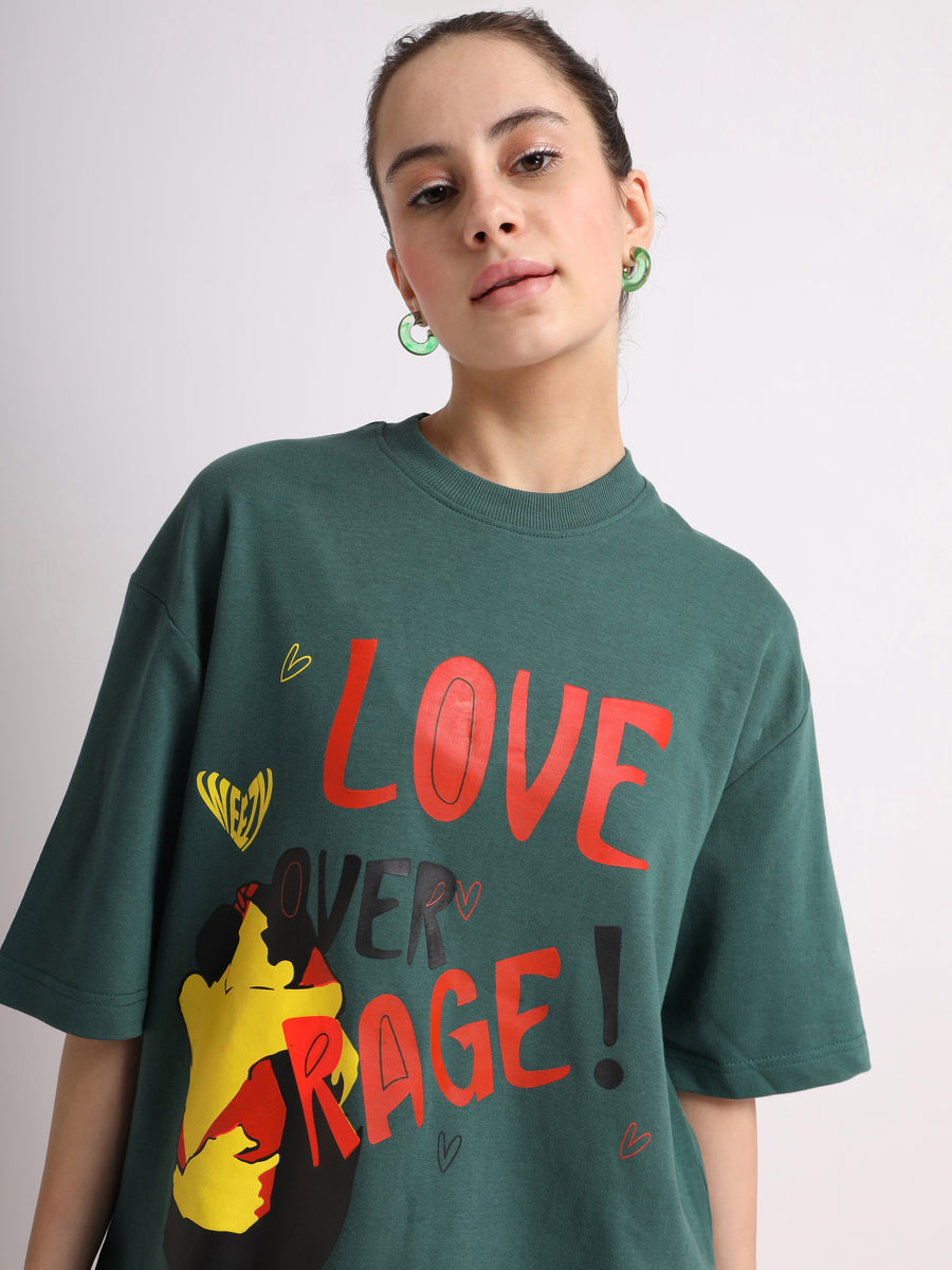 Emerald Green Love Over Rage Oversized T-Shirt Front view | Weezy