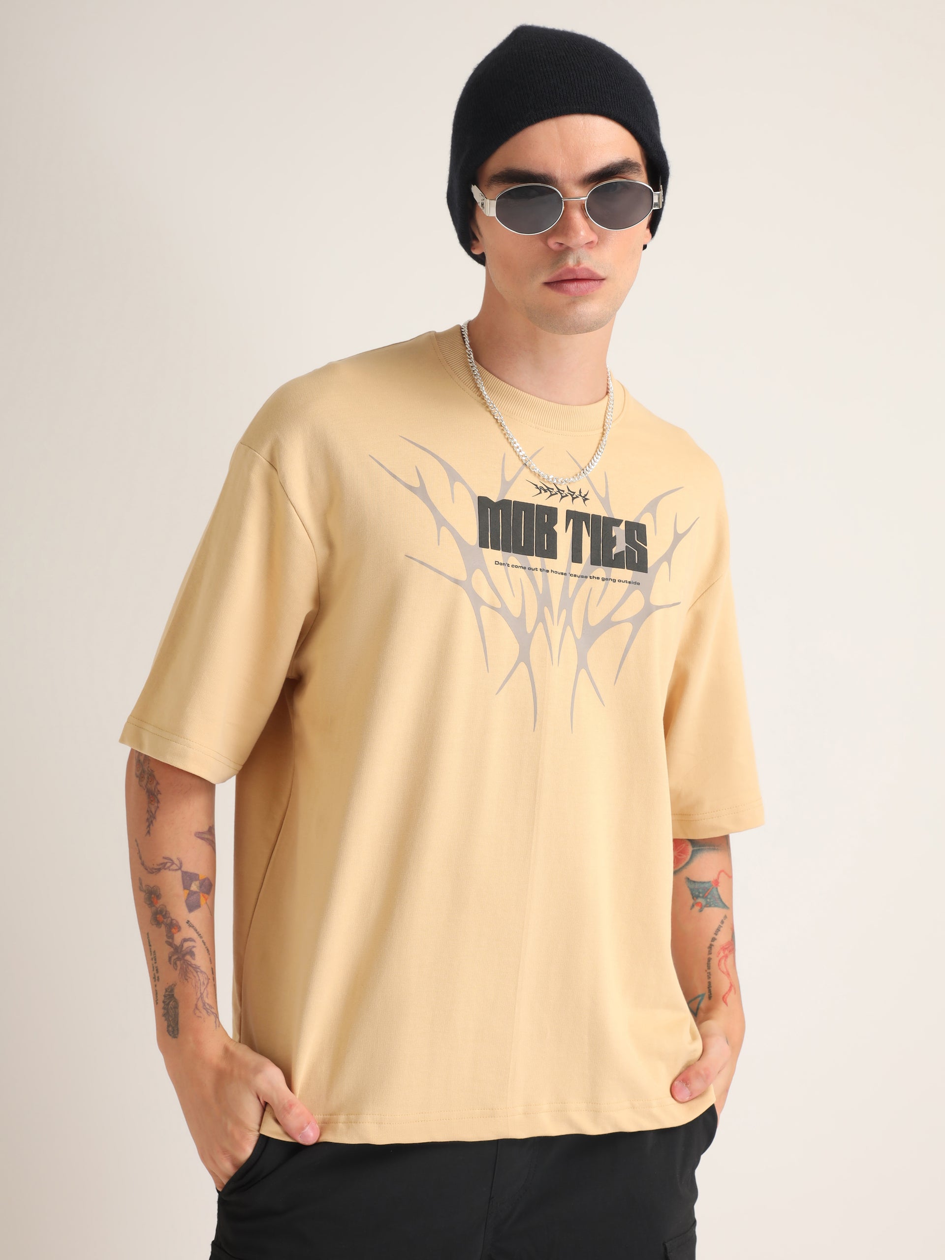 Beige Mob Ties Oversized T-Shirt
