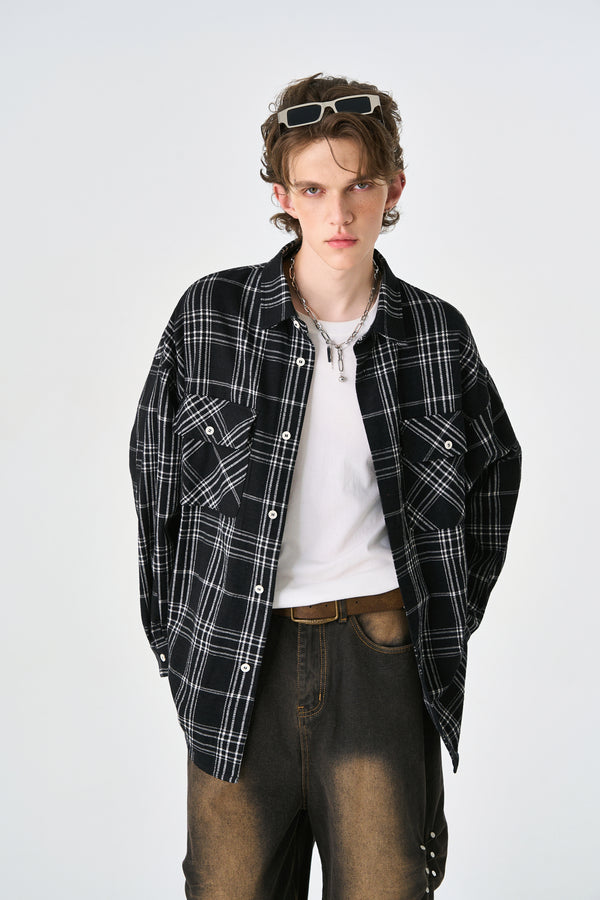 Black Chequered Plaid Utility Shacket Front view | Weezy