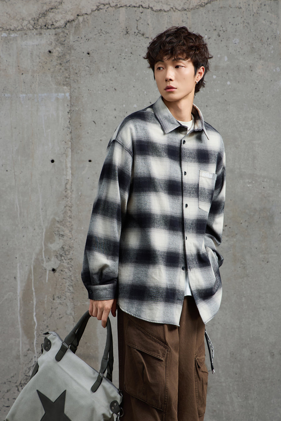 Black & White Plaid Flannel Overshirt Detail view | Weezy