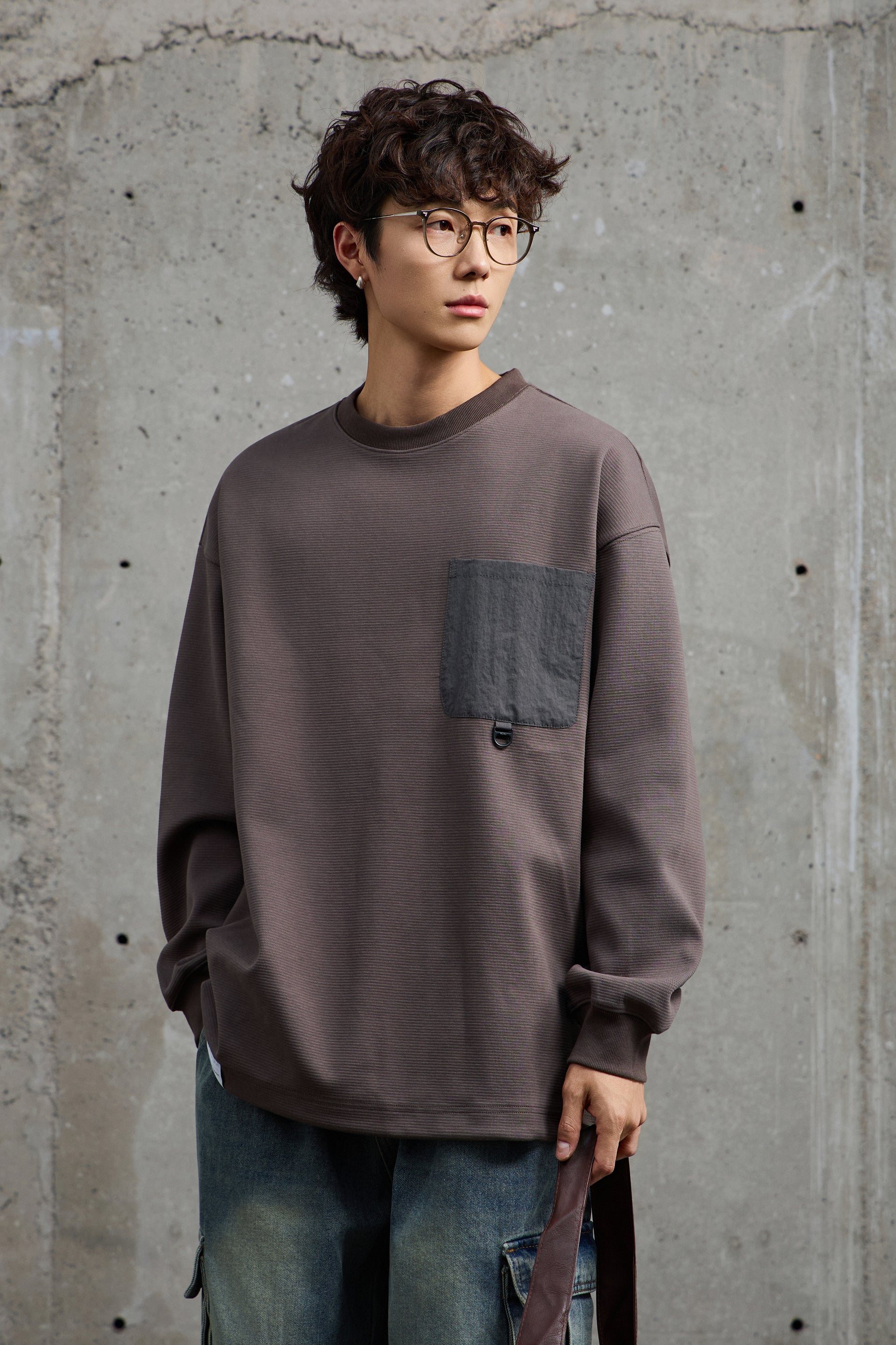 Grey Crewneck Sweatshirt With Pocket Detail