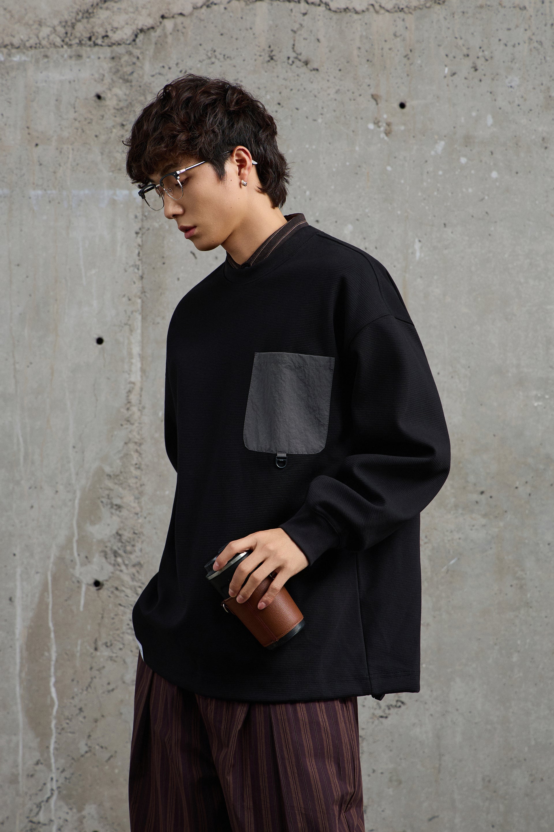 Black Crewneck Sweatshirt With Pocket Detail