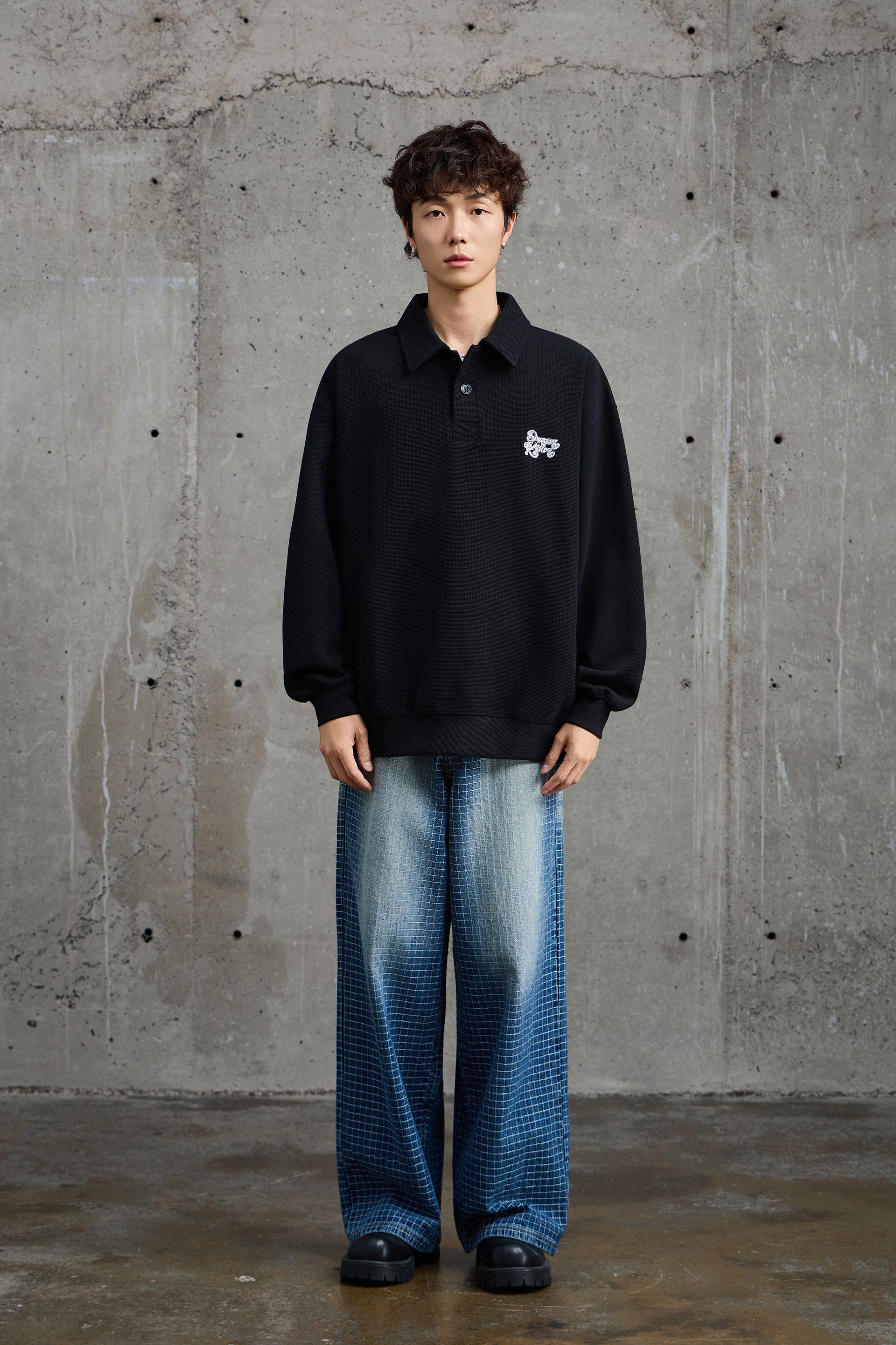 Jet Black Waffle Knit Collared Sweatshirt